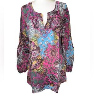 Lucky Brand blouse tunic long sleeves V cutout paisley 100% cotton Sz small